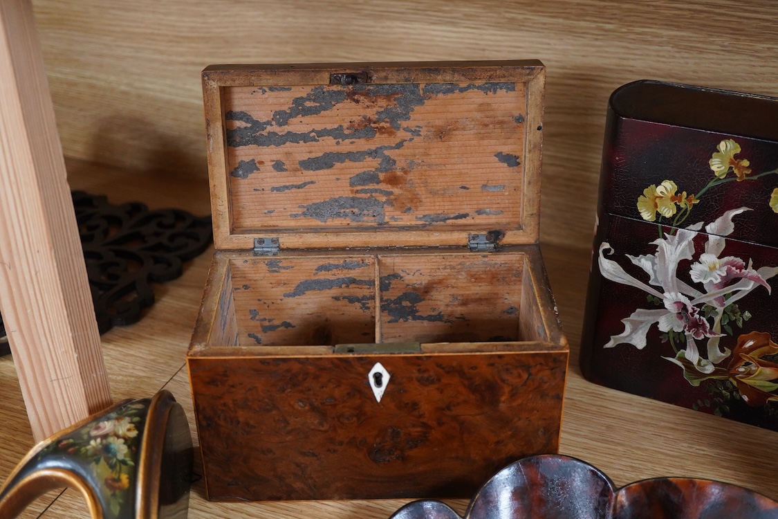 A group of collectables to include a gilt wall bracket, burr walnut tea caddy, lacquer wares etc.(7) Lacqured book box 18.5cm high.